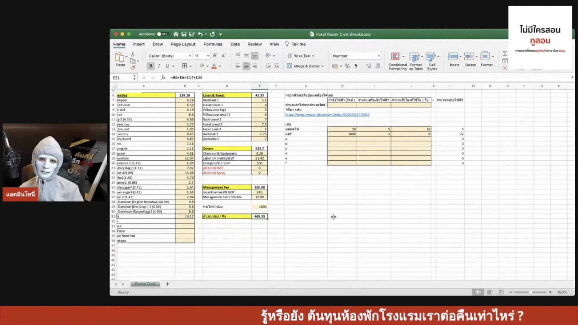 การคำนวณต้นทุนห้องพัก
