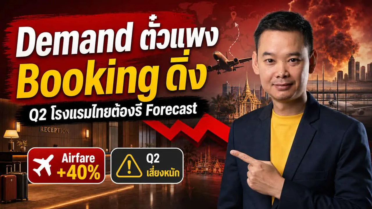 A man in a suit points forward with a backdrop of a city, planes, and a hotel reception. Bold Thai and English text discusses high demand, rising airfare by 40, and Q2 forecast concerns, with warning symbols.