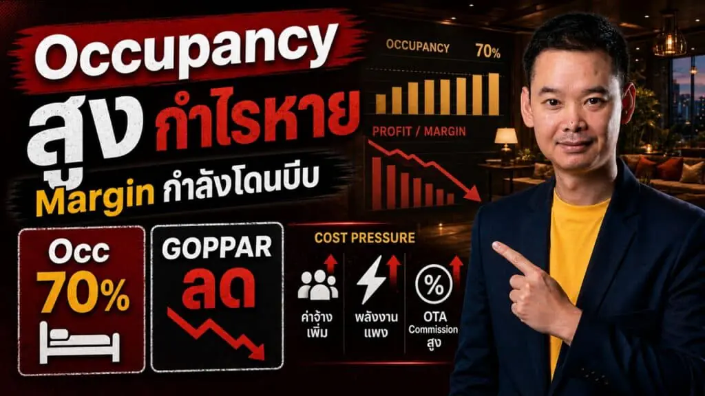 ภาพปกบทความ Occupancy สูง กำไรหาย วิเคราะห์โรงแรมไทยที่อัตราเข้าพัก 70% แต่กำไรลดจากต้นทุนแรงงาน พลังงาน และ OTA Commission กด Margin และ GOPPAR