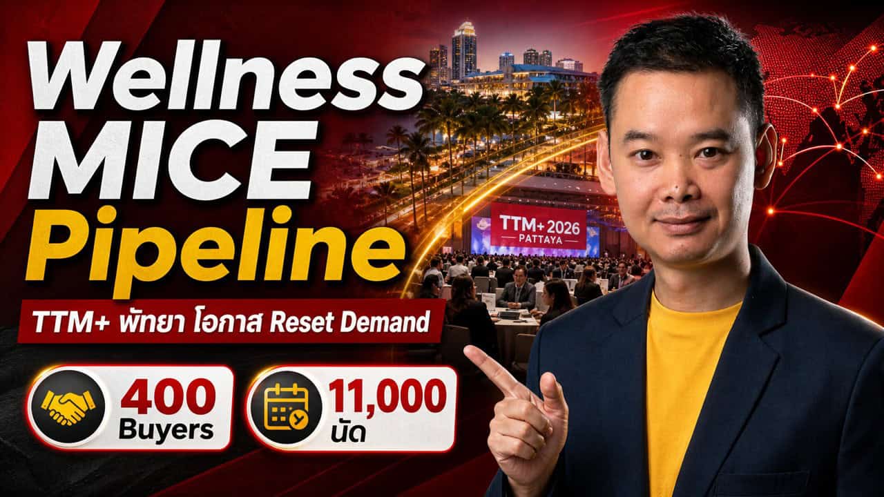 A man in a yellow shirt and dark jacket gestures confidently in front of event graphics. Text reads: Wellness MICE Pipeline, with stats: 400 buyers, 11,000 appointments, and TTM+ 2026 Pattaya conference in the background.