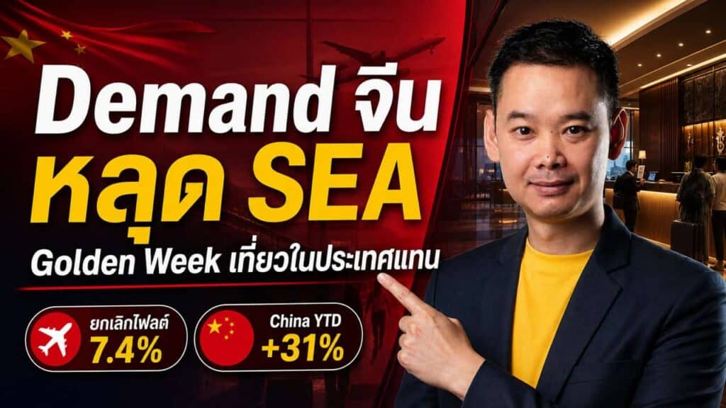 A man in a suit points to bold Thai and English text about travel demand from China dropping in Southeast Asia during Golden Week. Icons show flight cancellations at 7.4 and China YTD increase at 31. Hotel lobby background.