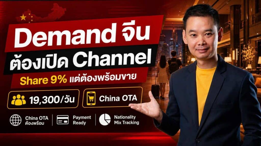 A man in a suit stands in a hotel lobby holding a suitcase. Bold text in Thai and English promotes Demand จีน ต้องเปิด Channel with icons and info about China OTA, payment readiness, nationality, and daily numbers.
