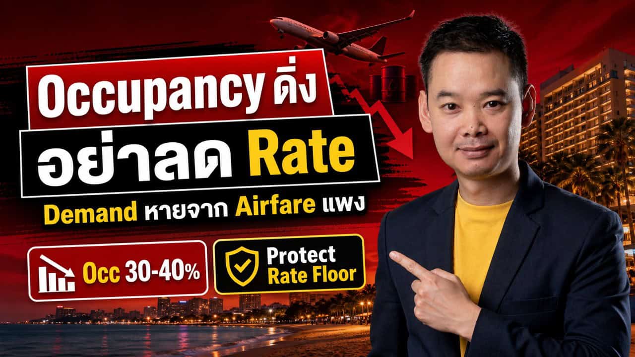 A man in a suit points to graphics displaying Occupancy ดิ่ง อย่าลด Rate with icons and text about occupancy rates, protecting rate floors, and rising airfare, set against a city and airplane background.