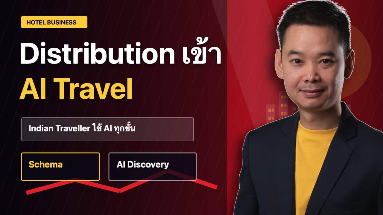 A man in a dark blazer and yellow shirt stands next to text that reads HOTEL BUSINESS Distribution เข้า AI Travel. Below are labeled buttons Schema and AI Discovery, and a graph line. Some text is in Thai. The background is dark with red accents.