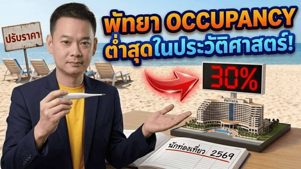 A man in a yellow shirt and blue jacket holds a thermometer, sitting at a desk with papers. Behind him is a beach scene, a hotel model showing 30 occupancy, and bold Thai text about low occupancy rates.