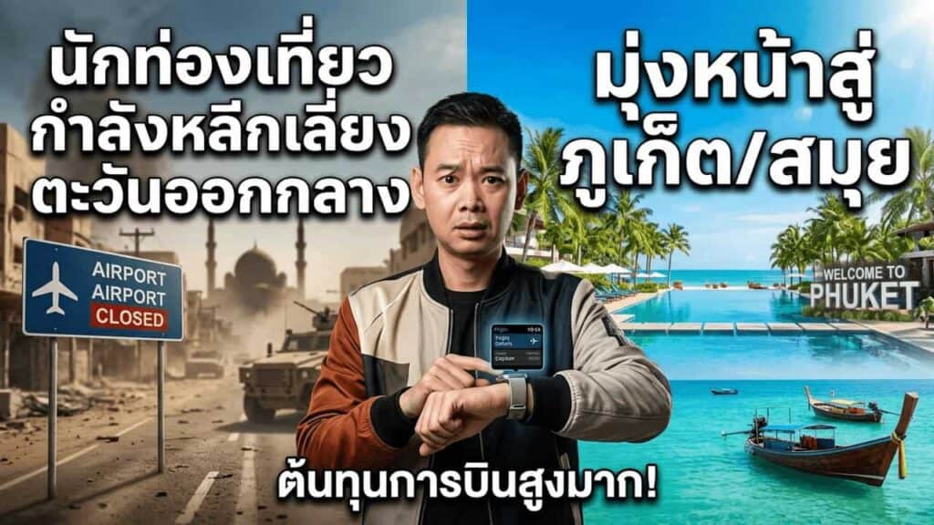 A concerned traveler checks his smartwatch at a closed airport, with text in Thai about tourists avoiding the Middle East and heading to Phuket or Samui. Tropical beaches and palm trees are seen in the background.
