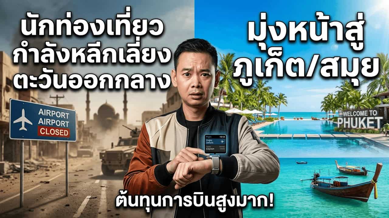 A concerned traveler checks his smartwatch at a closed airport, with text in Thai about tourists avoiding the Middle East and heading to Phuket or Samui. Tropical beaches and palm trees are seen in the background.