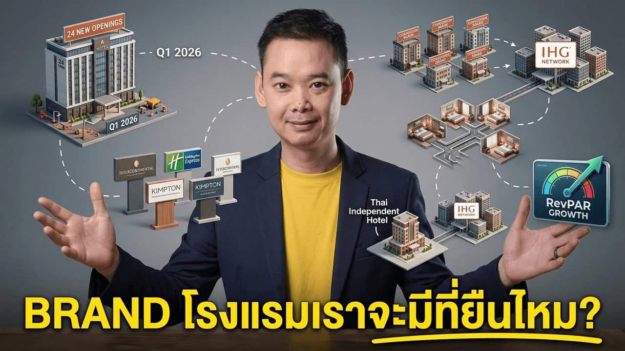 ภาพปกบทความ: อินโฟกราฟิก IHG Q1 2026 เปิดโรงแรมใหม่ 24 แห่ง มีเครือข่ายโรงแรมและมาตรวัด RevPAR Growth พร้อมข้อความ “BRAND โรงแรมเราจะมีที่ยืนไหม?”