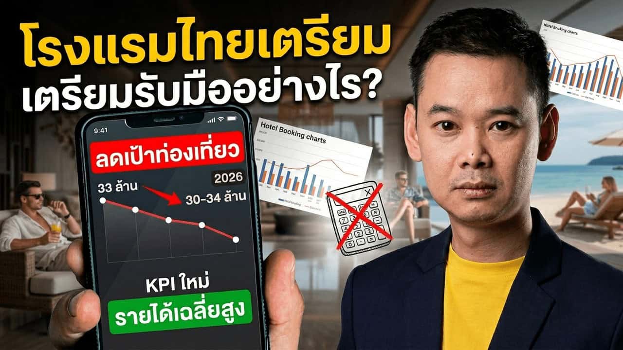 ภาพหน้าปกบทความ TAT หั่นเป้านักท่องเที่ยวต่างชาติปี 2026 แสดงกราฟลดเป้าท่องเที่ยวจาก 33 ล้านเป็น 30-34 ล้านและข้อความ KPI ใหม่รายได้เฉลี่ยสูง