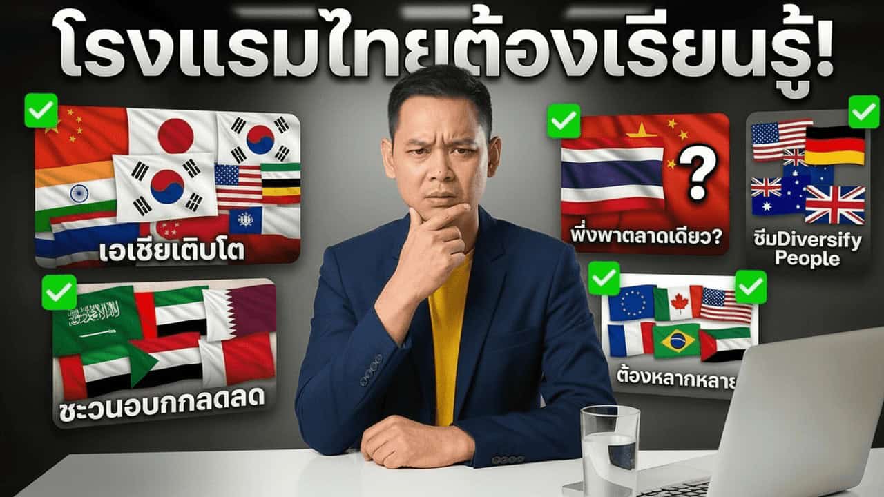 ภาพหน้าปกบทความ IHG Q1 2026 แสดงแผนภาพธงภูมิภาค เอเชียเติบโต ตะวันออกกลางลดลง และโรงแรมไทยต้องกระจายตลาดให้หลากหลาย