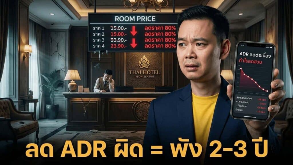 เจ้าของโรงแรมกังวลกับการลด ADR ต่อเนื่องใน Low Season พร้อมป้ายราคาห้องพักลดลงและกราฟรายได้ที่ตกต่ำ
