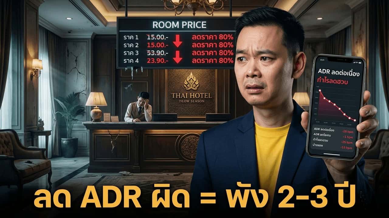 เจ้าของโรงแรมกังวลกับการลด ADR ต่อเนื่องใน Low Season พร้อมป้ายราคาห้องพักลดลงและกราฟรายได้ที่ตกต่ำ