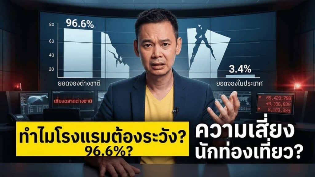 แผนภาพข้อมูล SiteMinder Hotel Booking Trends กลางปี 2569 แสดงยอดจองโรงแรมไทยล่วงหน้าจากต่างชาติ 96.6% ระยะเวลาจองล่วงหน้าเฉลี่ย 154 วัน และ ADR เฉลี่ย 202 ดอลลาร์ พร้อมประเด็นความเสี่ยงจากการพึ่งตลาดต่างชาติสูงก่อนไฮซีซั่น