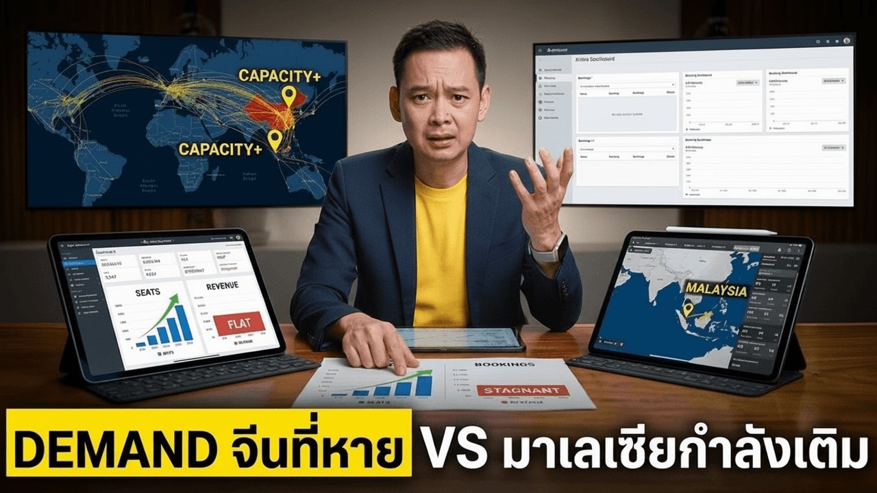 ภาพสื่อถึงเที่ยวบินระยะใกล้จากมาเลเซียสู่เมืองท่องเที่ยวไทย สื่อถึง demand short-haul ที่โรงแรมไทยควรวางสินค้ารับแทนการหั่นราคา